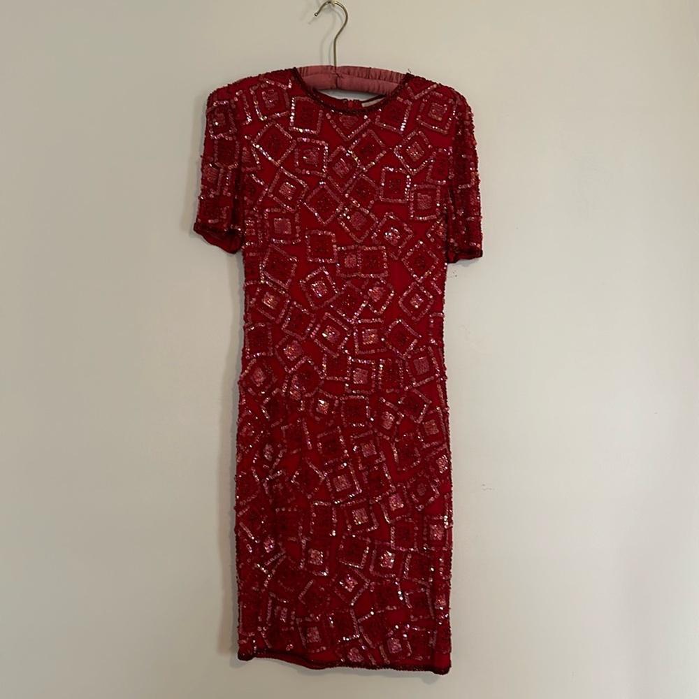 Red sequin short sleeve holiday party dress